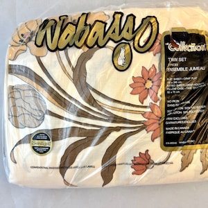 Vintage Bed Sheet Set, Wabasso Oasis, Twin Size Beige Cream Flower Print, Boho Earth Tone Floral Linens, Bedding, Deadstock in Package