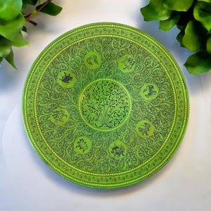 Vintage Burmese Lacquerware Bowl, Green Lacquer with 8 Zodiac Animals, Display Dish, Myanmar Souvenir