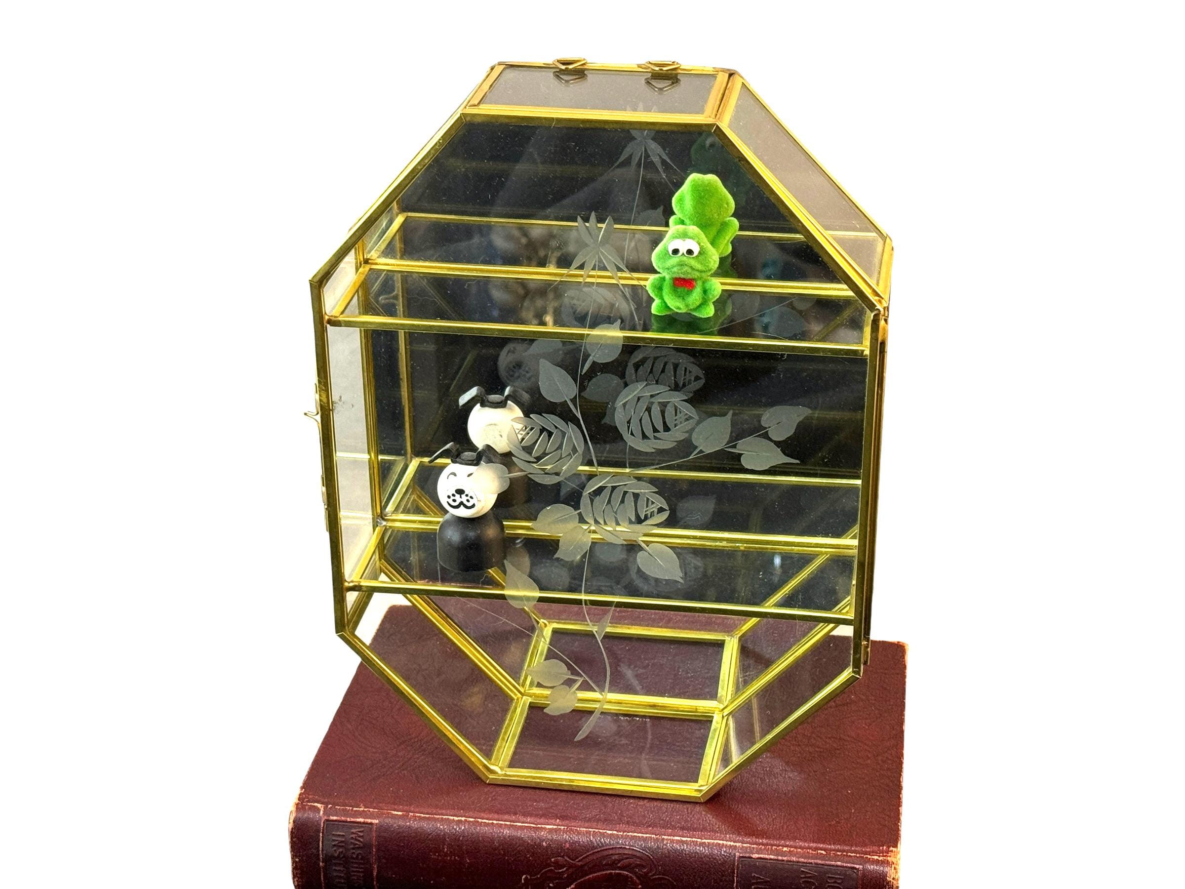Vintage Curio Display Case, Miniature Glass + Brass Shadow Box, Etched Floral Design, Wall Mount or Tabletop, Thimbles, Crystals, Figurines