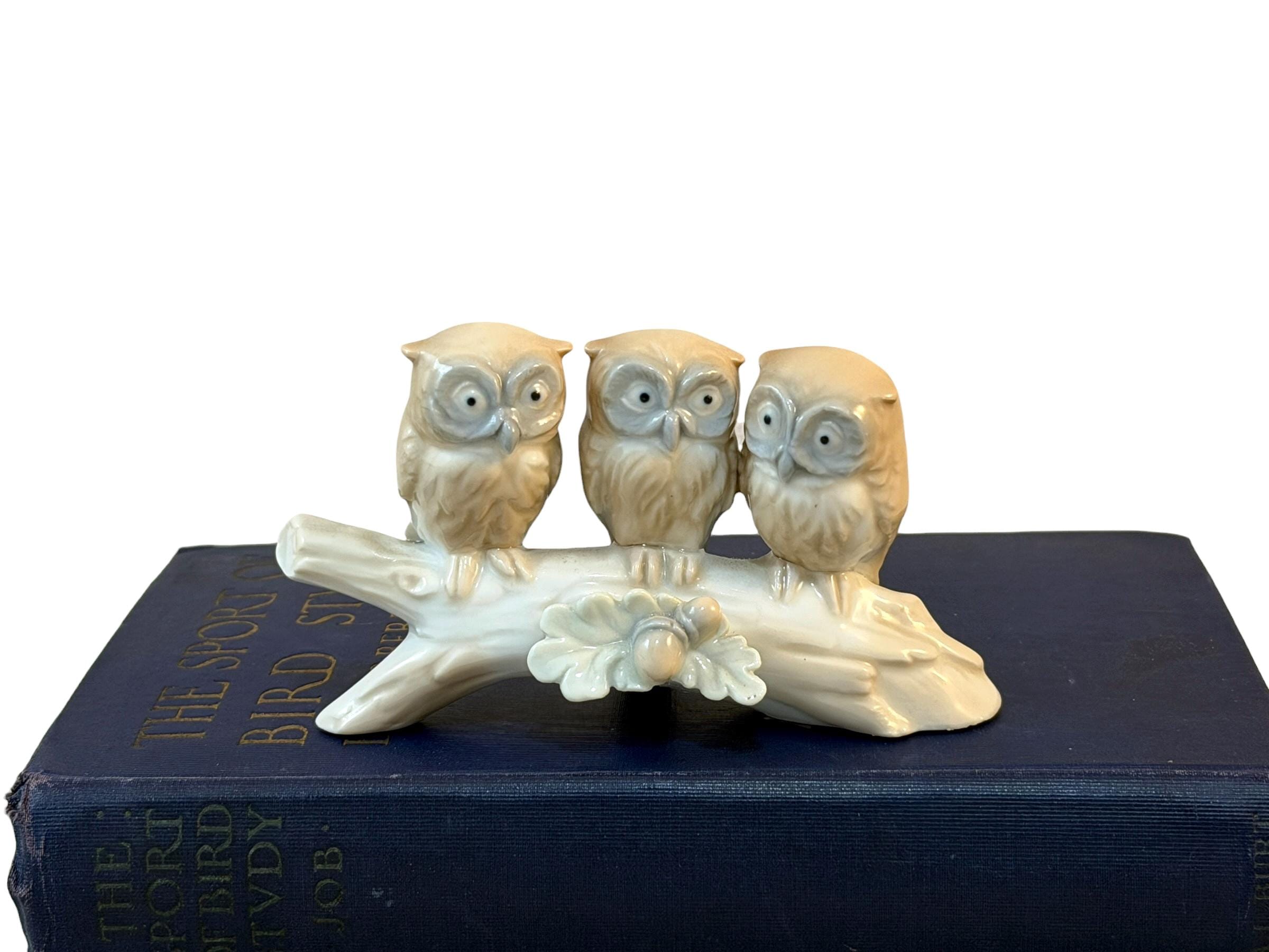Vintage Owl Figurine, 3 Owls on Branch, Otagiri Porcelain Statuette