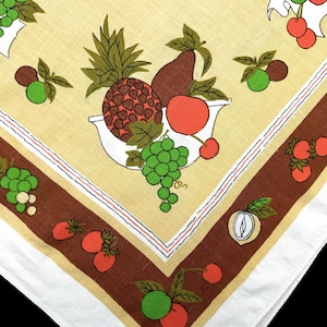 Vintage Fruit Tablecloth, MOD Pineapple, Apple, Pear Line Art Design, 1970&#39;s Table Linen