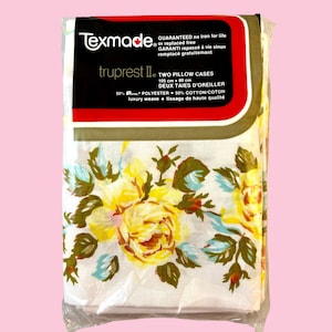 Vintage Pillowcases in Original Package, Yellow Roses Floral Print, Eyelet Lace, TexMade Truprest, Shabby Chic Grandma Deadstock Bed Linens