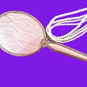 Vintage Hand Mirror, Pink Fabric Backing, Sparkly Metallic Material Under Lucite, 1960&#39;s Decor for Dresser Vanity Set