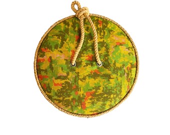 Vintage Sewing Basket, Round Wicker, MOD Green, Orange Lining