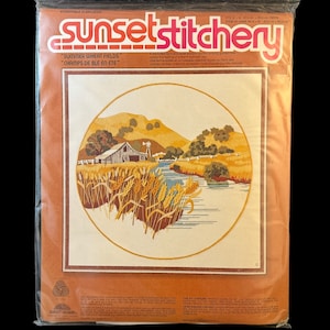 Vintage Crewel Kit, Summer Wheat Fields, Sunset Stitchery Rustic Farm Landscape Scene, 1970&#39;s Embroidery Craft
