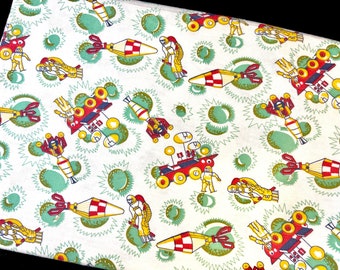 Tela de franela con estampado espacial, astronauta retro, cohete espacial, material de costura vintage.