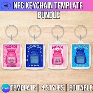 May include: Four NFC keychain templates with different designs. Each keychain features a backpack graphic and the names "NOVA" and "DEVRON". The keychains have the text "TAP FOR EMERGENCY CONTACT", "TAP FOR PARENT CONTACT", and "TAP FOR PARENT INFO". The text "TEMPLATE | 4 STYLES | EDITABLE" is also present.