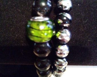 Black/Green and Silver Drizzled Bracelet Set