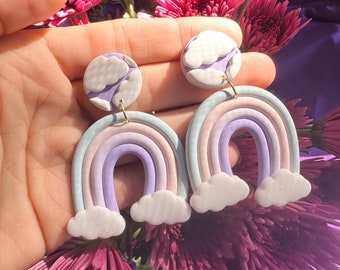 Rainbow Polymer Clay Earrings • Whimsical Cloud Dangle