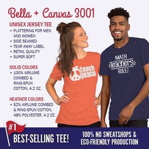 Pu&ograve; includere: Una t-shirt unisex rossa e blu navy con il testo "teach peace" e un segno di pace sulla t-shirt rossa e il testo "MATH -Teachers- RULE" sulla t-shirt blu navy. Le t-shirt sono realizzate in 100% cotone pettinato e filato ad anello airlume, 4,2 oz. o 52% cotone pettinato e filato ad anello airlume, 48% poliestere, 4,2 oz. Le t-shirt sono le pi&ugrave; vendute e sono realizzate con una produzione ecologica.