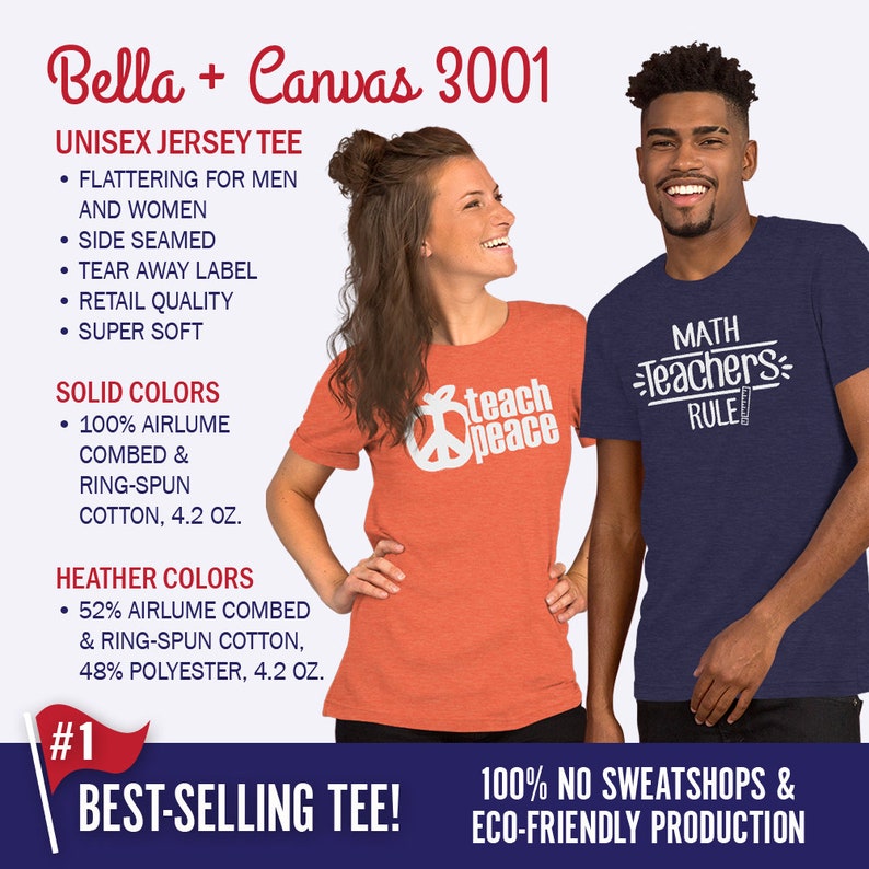 Pu&ograve; includere: Una t-shirt unisex rossa e blu navy con il testo "teach peace" e un segno di pace sulla t-shirt rossa e il testo "MATH -Teachers- RULE" sulla t-shirt blu navy. Le t-shirt sono realizzate in 100% cotone pettinato e filato ad anello airlume, 4,2 oz. o 52% cotone pettinato e filato ad anello airlume, 48% poliestere, 4,2 oz. Le t-shirt sono le pi&ugrave; vendute e sono realizzate con una produzione ecologica.