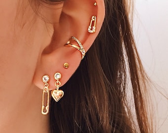 Safety Pin Earrings 14K Gold Plated, Pin Earrings, Safety Pin Jewelry, Mismatched Earrings, Heart Earrings, Dangling Diamond Earrings
