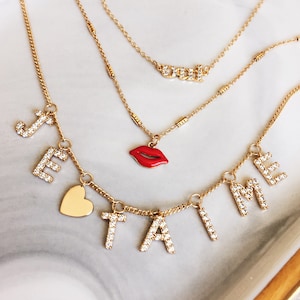 Collar "Je T'aime", Gargantilla "Je T'aime", Collar "Te amo" en francés, Collar con letras de diamantes, Collar con palabras de oro, Gargantilla parisina de diamantes