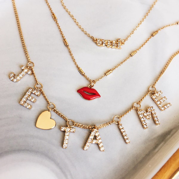 Je T'aime Necklace, Je T'aime Choker, French "I Love You" Necklace, Diamond Letter Necklace, Gold Word Necklace, Parisian Diamond Choker