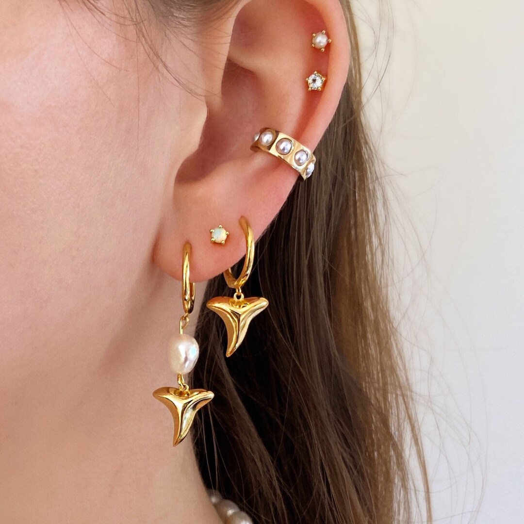 Shark Tooth Pearl Hoops • 18K Gold Plated • Sterling Silver ...