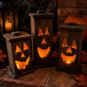 May include: Three rectangular dark brown wooden lanterns with carved jack-o'-lantern faces. Each lantern features a flat top and base, with warm orange light glowing from within through the cutouts of eyes, noses, and wide, jagged mouths.