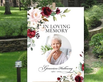 Funeral Welcome Sign Template for a Woman, Celebration of Life Poster Red Roses, Photo Memorial Service Poster Board 18 x 24