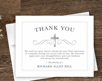 Sympathy Acknowledgement Cards, Funeral Thank You and Bereavement Notes, Personalized Religious Cross Design Customized with your Wording