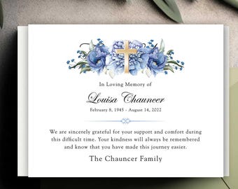 Catholic Sympathy Acknowledgment Cards, Blue Floral, Funeral Thank You (Digital or Printed)