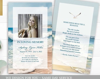 Beach Theme Funeral Prayer Card Template, Ocean Memorial Funeral Guest Keepsake, Beach Ocean Mass Card, Celebration of Life Card
