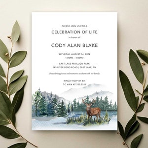 May include: A watercolor illustration of a forest scene with a deer standing in a lake. The invitation is for a celebration of life for Cody Alan Blake on August 14, 2024, at East Lake Pavilion Park in East Lake, NY.