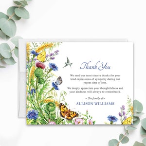 Sympathy Acknowledgement Cards, Funeral Thank You and Bereavement Notes, Personalized Butterfly and Flowers, Thank you Wording For Funerals