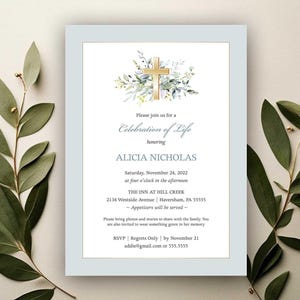 Celebration of Life Invitation, Catholic Funeral Announcement, Memorial Mass Invitations Template Gold Cross Printed or Digital File