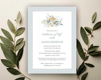 Celebration of Life Invitation, Catholic Funeral Announcement, Memorial Mass Invitations Template Gold Cross Printed or Digital File