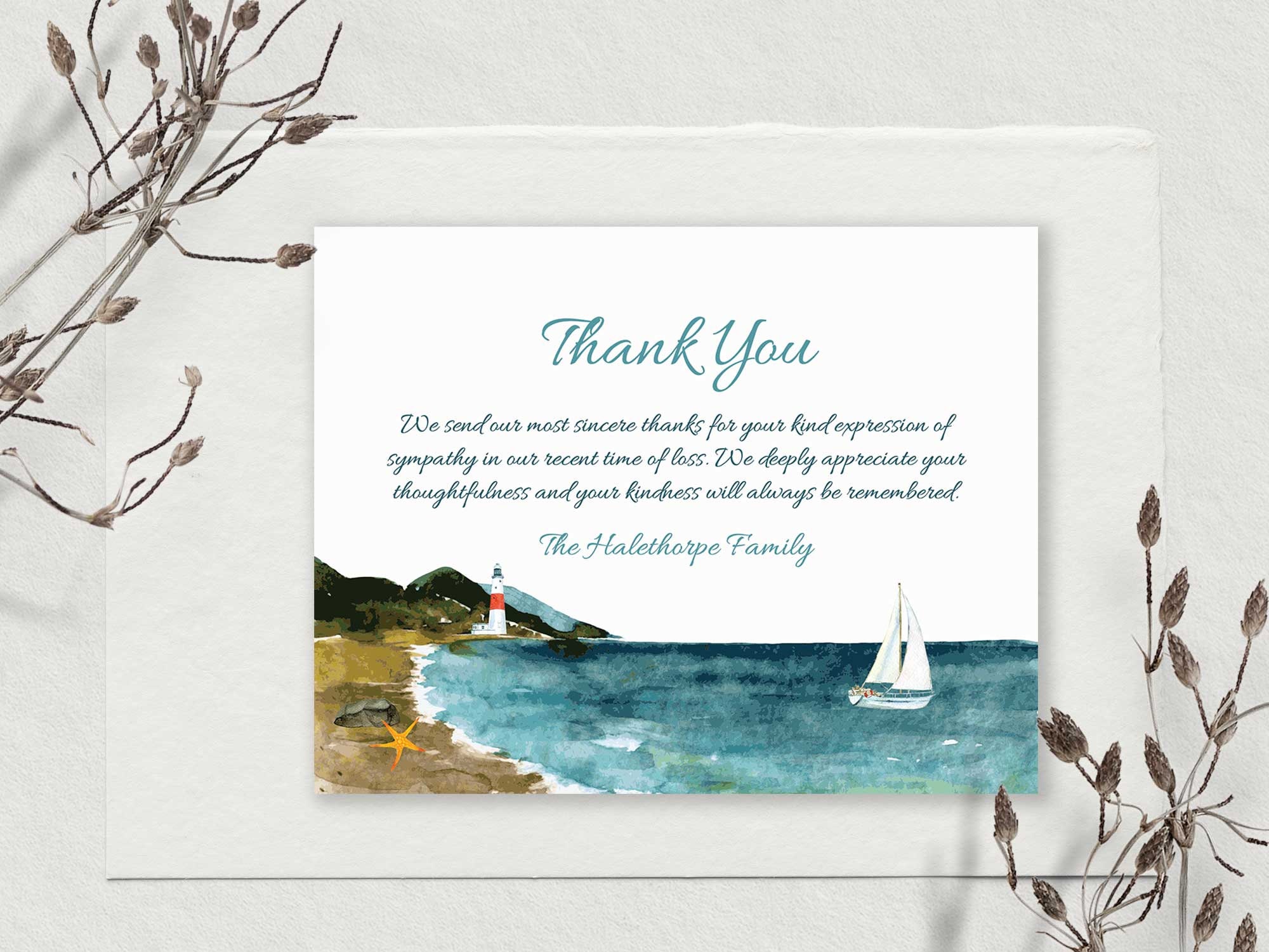 Sympathy Acknowledgement Cards, Funeral Thank You and Bereavement Notes, Personalized Beach Sailboat Theme Customized Wording For Funeral