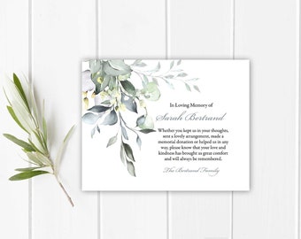Sympathy Acknowledgement Cards, Funeral Thank You and Bereavement Notes, Personalized Greenery Eucalyptus Customized Wording For Funerals