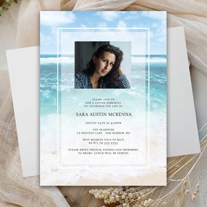 Beach Celebration of Life Invitation Template, Memorial Service Announcement, Funeral Service Invite, Memorial Card with Photo Ocean Theme