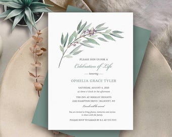 Celebration of Life Invitation, Funeral Announcement, Memorial Invitations Funeral Template Celebration of Life Greenery Printed or Digital