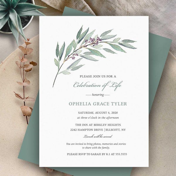 Celebration of Life Invitation, Funeral Announcement, Memorial Invitations Funeral Template Celebration of Life Greenery Printed or Digital