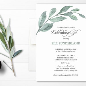 Greenery Funeral Announcement, Celebration of Life Invitation Template, Memorial Service In Loving Memory Greenery Cards Printed Option