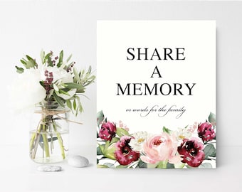 Floral Share a Memory Funeral Sign, Printed or PDF