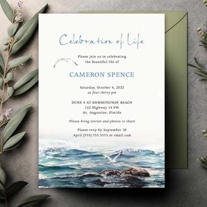 Beach Celebration of Life Invitation Template, Memorial Service Announcement, Funeral Service Invite, Memorial Card with Waves Ocean Theme