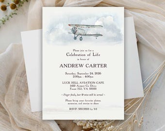 Funeral Template, Celebration of Life Invitation Pilot Biplane Funeral Announcement, Memorial Invitation, Printable or Printed Cards