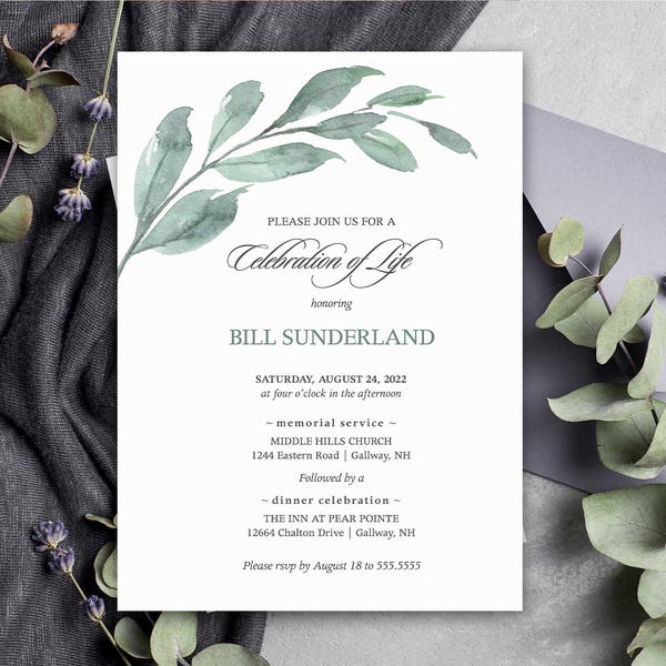 Elegant Funeral Announcement, Celebration of Life Invitation Template, Memorial Service For a Man Church Service Template or Printed cards