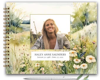 Personalized Flower Field Hummingbird Memorial Guest Book, Celebration of Life Keepsake