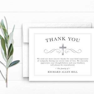 Sympathy Acknowledgement Cards, Funeral Thank You and Bereavement Notes, Personalized Religious Cross Man Customized Wording For Funerals