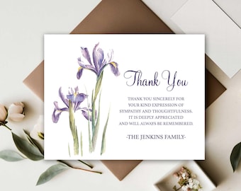 Custom Iris Funeral Thank You Cards, Elegant Memorial (Printable or Printed)
