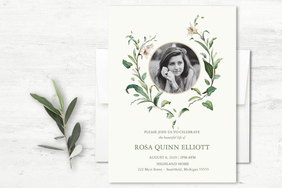 celebration of life invitations funeral announcement memorial invitation template photo evite greenery send via email diy print or printed memorial invitations