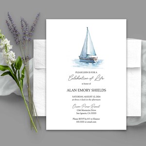 May include: A white invitation card with a watercolor illustration of a sailboat on a blue background. The text reads "Please join is for a Celebration of Life in honor of Alan Emory Shields Saturday, August 12, 2024 at three o'clock in the afternoon Ocean Pines Resort 1246 Montecito Drive San Ignacio, CA 55555 Please RSVP by 8/1 to Eleanor 555.5555 or email.com"