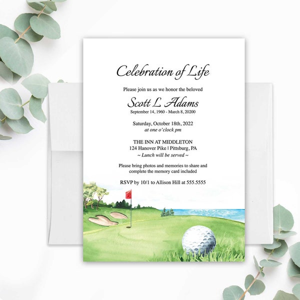 Celebration of Life Invitation Template, Golf Funeral Announcement, Memorial Service Invites, Golfers Funeral Invitation Printed or Digital