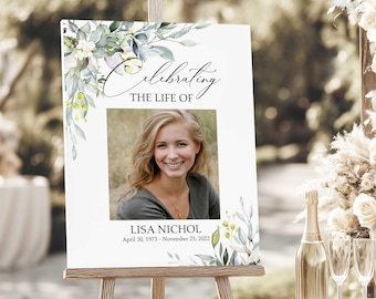 Funeral Welcome Sign, Photo Celebration of Life Poster, Greenery Masculine Memorial Service- Template or Printed Options 18 x 24