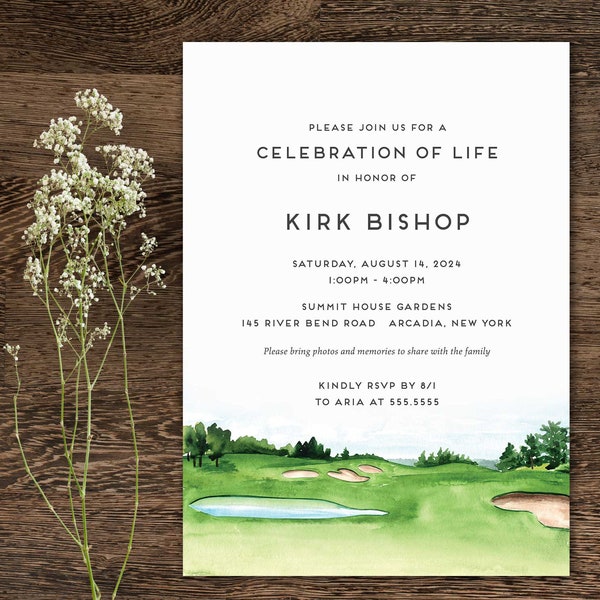 Celebration of Life Invitation Template, Golf Funeral Announcement, Memorial Service Invites, Golfers Funeral Invitation Printed | Digital