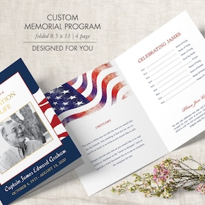 Military Funeral Program Template Printable Funeral program template Celebration of life obituary memorial printable American Flag Military