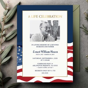 Funeral Announcement Card, Military Funeral Invitation Veteran Celebration of life Invitations Funeral Invite Military Army Veteran Memorial