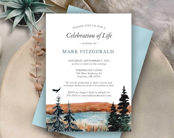 Celebration of Life Invitations, Forest and Lake Funeral Announcement,  Memorial Service Template, Mountain Forest Digital or Print