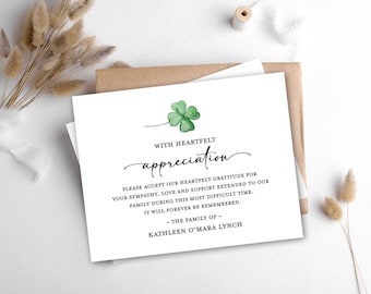 Funeral Thank You Cards Irish Theme, Printable or Printed Funeral Thank You Notes, Memorial Cards, Sympathy Acknowledgement Cards, Shamrock